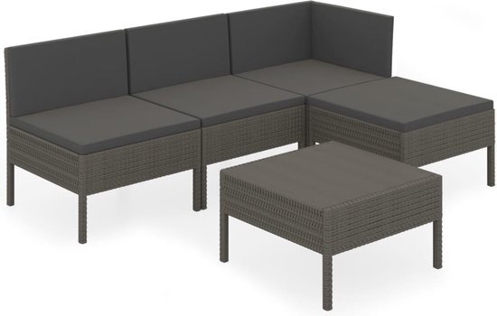 vidaXL 5-delige Loungeset met kussens poly rattan grijs