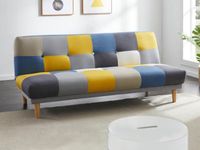 Vente-unique Uitklapbare driezitsbank van stof MARDAG - Grijs, blauw en geel patchwork