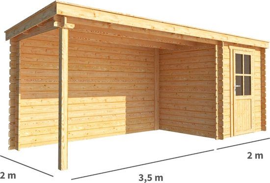Merkloos Blokhut met overkapping Els 550 cm bij 200 cm diep Lessenaarsdak bruin
