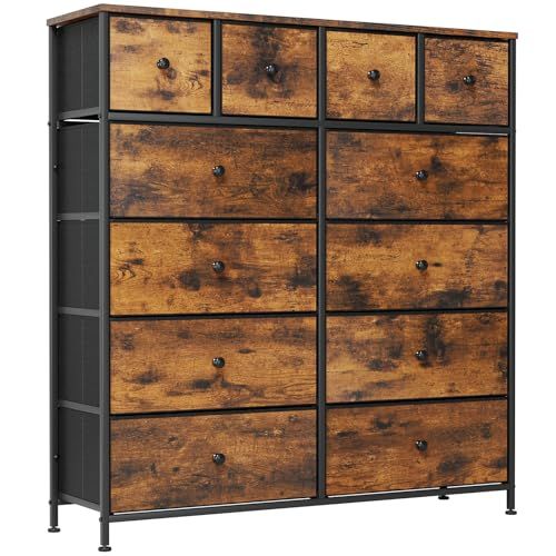 Clevich Stoffen commode, kaptafel kast, opbergkast, 12 stoffen laden, metalen frame, industriële stijl, voor woonkamer, hal, slaapkamer (Retro bruin+zwart)