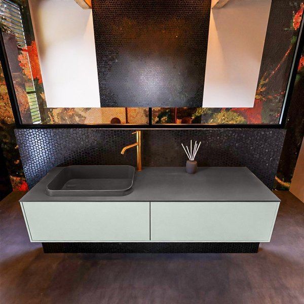 Mondiaz ERIN 150cm badmeubelset onderkast Greey met 2 lades Wastafel RIDGE links Dark grey ERIN11624