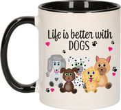 Bellatio Decorations Cadeau koffie/thee mok - life is better with dogs - zwart oor - honden