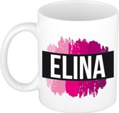 Bellatio Decorations Elina naam cadeau koffie mok - beker - met roze verfstrepen - Cadeau collega - moederdag - verjaardag - juf - coach - 300 ml - wit