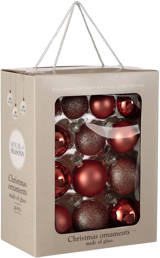 Mica Decorations Kerstballen - 26 Stuks - Ø7 cm - Glazen Ballen voor de Kerstboom en Kerstversiering - Met Piek voor de Top - Glimmende en Glitter Afwerking - Donkerrood