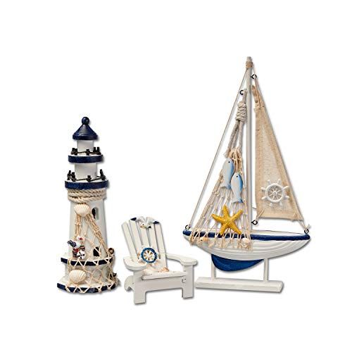Flanacom Badkamerdecoratie - 3-delige set - maritieme badkamerdecoratie - vuurtoren, zeilschip en strandstoel van hout - badkameraccessoires - design 1