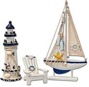 Flanacom Badkamerdecoratie - 3-delige set - maritieme badkamerdecoratie - vuurtoren, zeilschip en strandstoel van hout - badkameraccessoires - mooie decoratie voor de badkamer - design 1