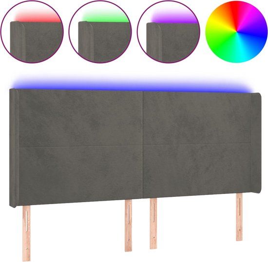 vidaXL - Hoofdbord - LED - 163x16x118/128 cm - fluweel - donkergrijs