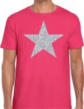 Bellatio Decorations De Ster van de show - verkleed t-shirt - roze - met zilveren ster in glitters - heren - glamour - Disco L