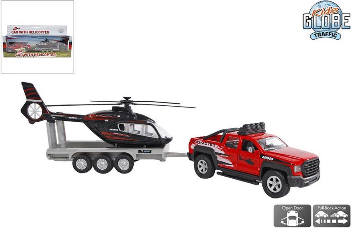 Kids Globe Terreinwagen met trailer + heli 35cm - Zwart/Rood