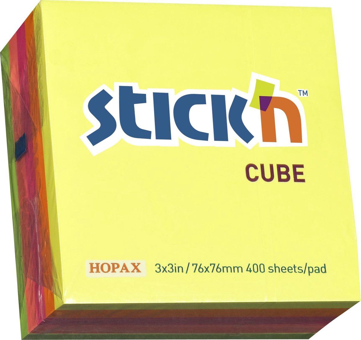 Stick'n Sticky notes Kubus memoblok - 76x76mm, neon assorti 5 kleuren, 400 memoblaadjes