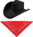 El Paso Carnaval verkleedset cowboyhoed - zwart - met rode halsdoek - voor Adultes