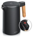 Arendo waterkoker, roestvrij staal, 1,5 liter, 2200 W, theekoker met 7 temperatuurinstellingen tot 100 °C, warmhoudfunctie, handgreep met houtlook, LED-display, anti-drupfunctie, kalkfilter, zwart