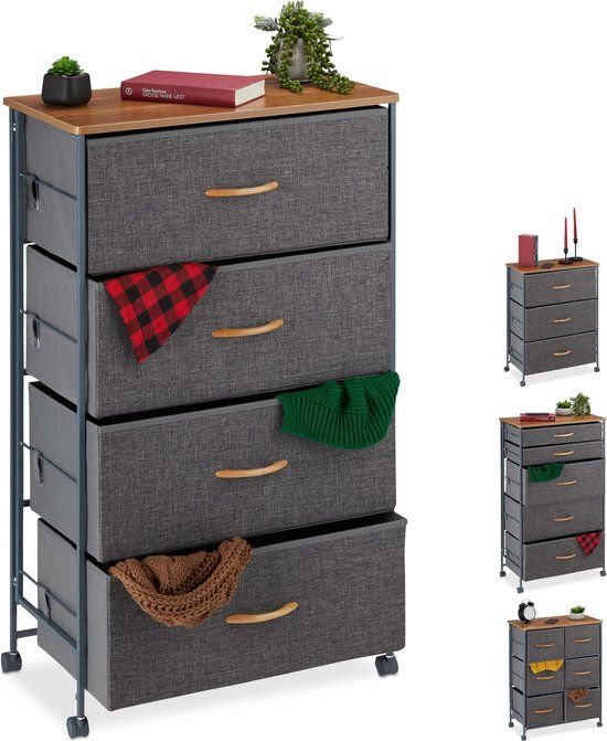 Relaxdays Ladekast - Commode - Stof - Opbergsysteem - Bijzetkast - Antraciet/Lichtbruin