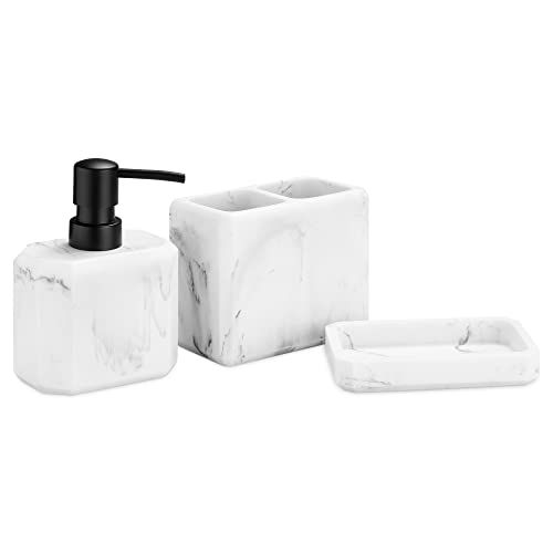 Navaris Badkamer accessoires set 3-delig - Badkamerset met zeepdispenser, tandenborstelbeker en zeepbakje - Toiletaccessoires set - In marmer design - Wit