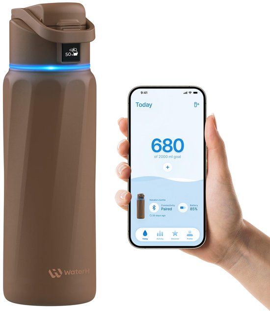 WaterH BOOST - Slimme Waterfles met Herinnering om Water te Drinken & Water Tracker Fles - Dubbelwandige stalen drinkfles - Wijde opening - 946ml - Chocolate Mousse
