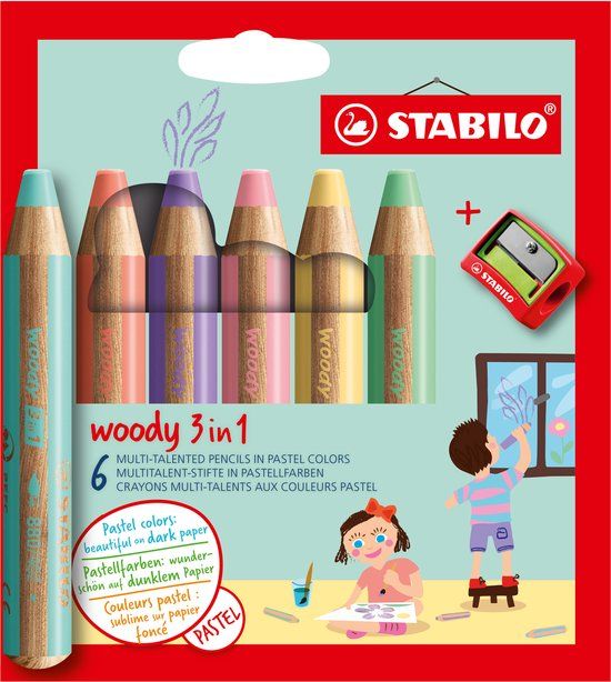 STABILO Woody 3 in 1 - Multitalent Kleurpotlood - Etui Met 6 Pastel Kleuren Incl. Puntenslijper