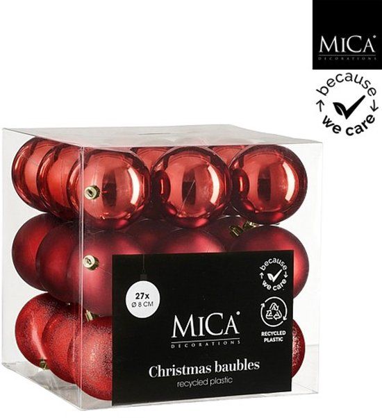 Mica Decorations Kerstballen Onbreekbaar 8 cm 27 Stuks Rood