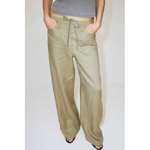Mango Straight Leg Broek Met Linnen - Lichtkaki