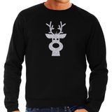 Sweater met rendierkop - zwart met zilveren glitterprint - heren - kersttrui / kerstoutfit L