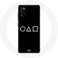 Maniacase Case voor Samsung Galaxy A41 Squid Game logo symbolen cirkel vierkant driehoek Zwarte achtergrond