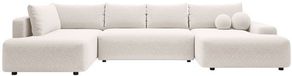 Vente-unique Grande banquette d'angle panoramique droite avec fonction de couchage en tissu texturé de couleur crème - DAVISO