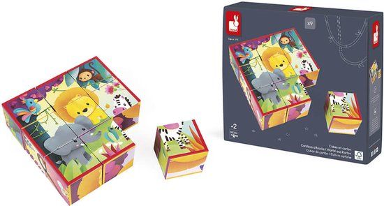 Janod Kubkid - Jungledieren - Blokpuzzel met 9 stukjes - 2-in-1 spel voor kinderen vanaf 2 jaar