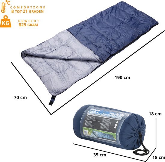 Basis Slaapzak Envelop Comfort - Polyester slaapzak - Festival rugzak - 190cm x 70cm - Blauw