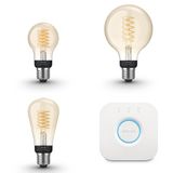 Philips Hue Starterspakket - E27 - met 3 Filament Lampen Mix - Warmwit Licht - Incl. 1 Hue Bridge