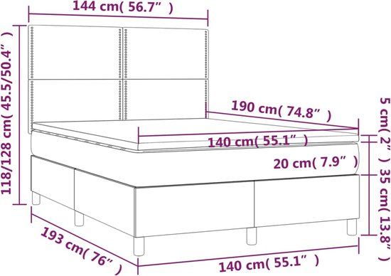 vidaXL Boxspring met matras en LED stof lichtgrijs 140x190 cm