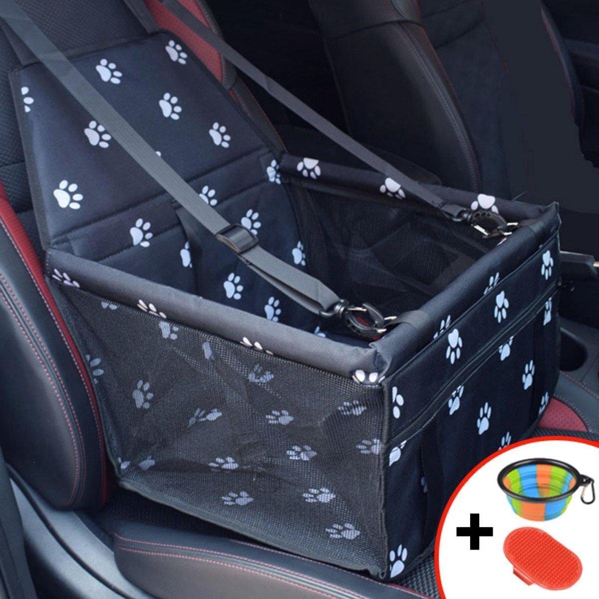 Ariko Autostoel hond / kat / puppy - opvouwbaar waterbestendig honden / kat zitje - Dieren zitje voor in de auto - Hondenmand - 40 x 40 x 25 cm - Incl opvouwbaar voerbakje en borstel - Veiligheidsband - Schone auto zwart