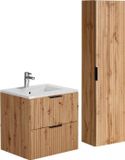 Vente-unique Geribbeld hangmeubel met inbouwwastafel en kolomkast - Lichte houtkleur - 60 cm - ZEVARA