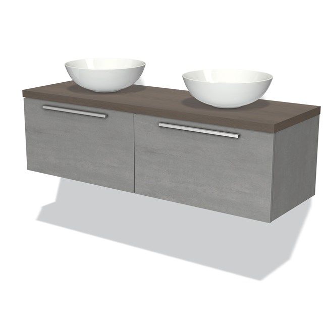 Maxaro Badkamermeubel Modulo Plato 140cm Lichtgrijs Beton 2 Lades Donkerbruin Eiken Blad