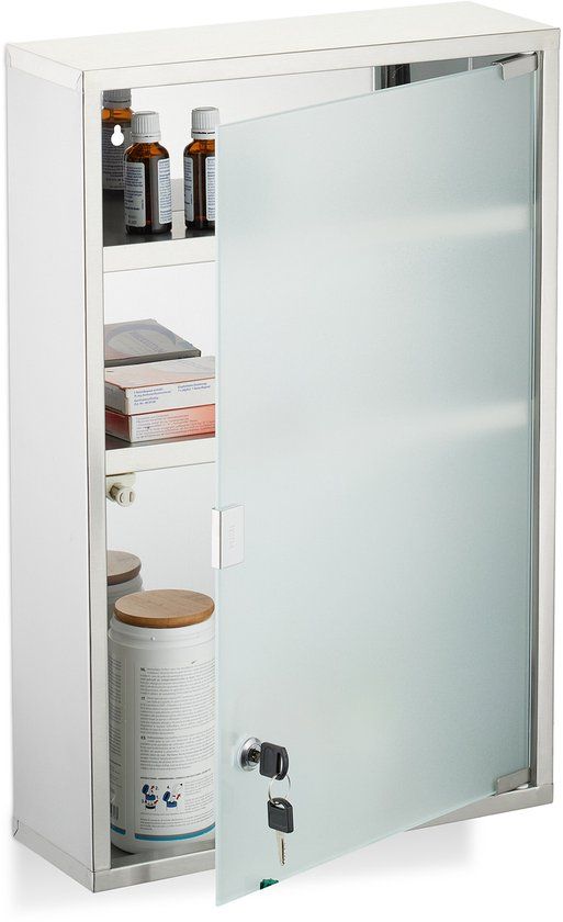 Merkloos Relaxdays medicijnkastje met slot - RVS - 58 x 38 x 13 cm - 3 vakken