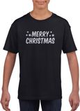Bellatio Decorations Merry Christmas Kerst t-shirt zwart voor kinderen met zilveren glitter bedrukking L (140-152)