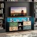 Meuble TV multicolore avec éclairage LED et 4 tiroirs en tissu - Console multimédia style rétro et moderne - Panneaux de particules et fer