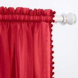 Elegant Comfort Semi-doorschijnende gordijnen met pompon, kwastjes met roedetunnel van 5 cm, effen gordijnen voor woonkamer, slaapkamer, pakket van 2, 152,5 x 213 cm (b x l), rood