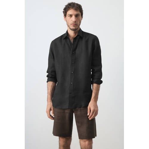 Mango Man linnen regular fit overhemd - zwart