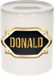 Bellatio Decorations Spaarpot met voornaam Donald - wit - met goud/zwart embleem - 8 x 9 cm - keramiek - met afsluitdop - cadeau verjaardag