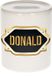 Bellatio Decorations Spaarpot met voornaam Donald - wit - met goud/zwart embleem - 8 x 9 cm - keramiek - met afsluitdop - cadeau verjaardag