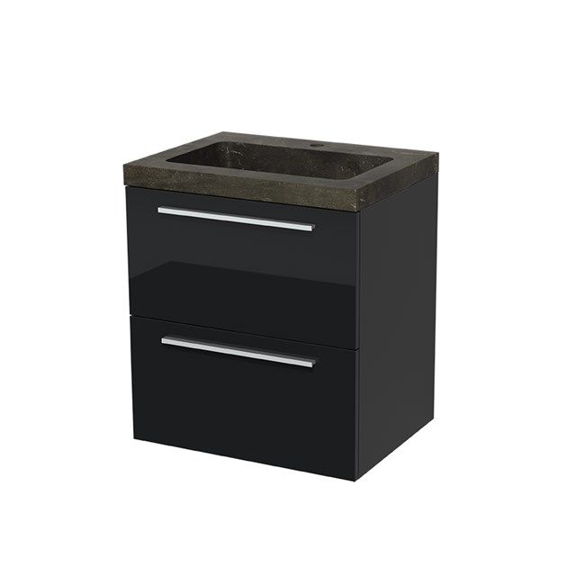 Maxaro Badkamermeubel 60cm Modulo Hoogglans Zwart 2 lades Vlak Wastafel Natuursteen Blue Stone