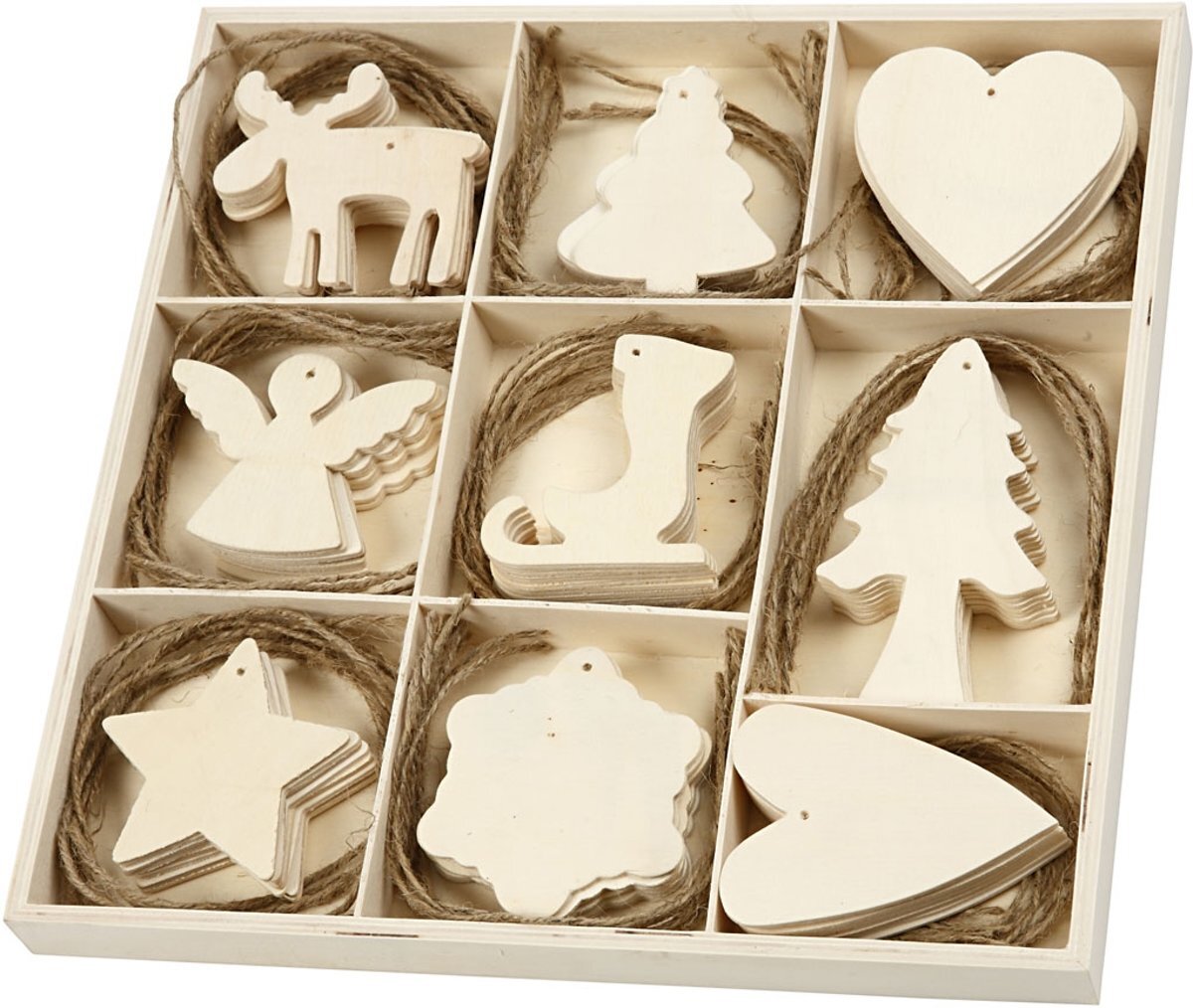 creotime Houten ornamenten - Assortiment, afm 7-8 cm, triplex, Kerst, 72 assorti