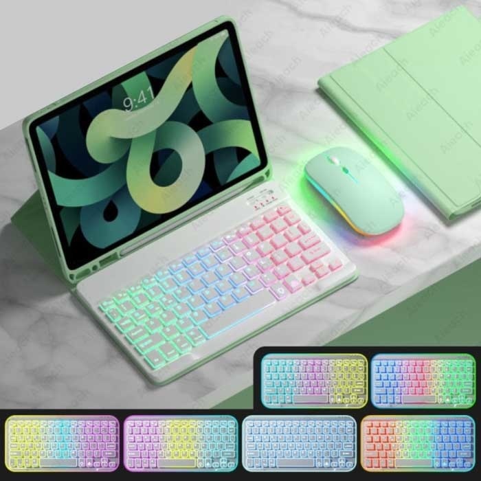 AIEACH RGB Toetsenbord Hoes en Muis voor iPad 9 7 - QWERTY Multifunctionele Keyboard Bluetooth Smart Cover Case Hoesje Groen