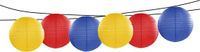 Merkloos Feest/tuin versiering 6x stuks luxe bol-vorm lampionnen blauw-geel-rood dia 35 cm