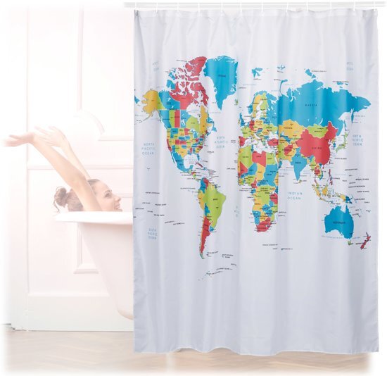 Relaxdays douchegordijn wereldkaart 180x180 - anti-schimmel - badkamer gordijn polyester