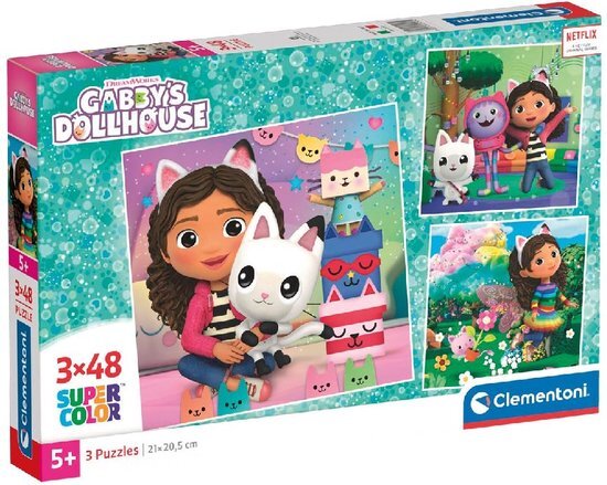 Clementoni - 25295 - Supercolor Puzzel - Gabby'S Dollhouse - 3x48 Stukjes, Kinderpuzzels, 5-7 Jaar, Gemaakt in Italië