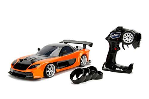 Jada Toys 253209001 Fast & Furious Drift Mazda RX-7, RC, afstandsbediening auto met afstandsbediening, driftfunctie, vierwielaandrijving, 4 reservebanden, USB-laadfunctie, schaal 1:10, oranje