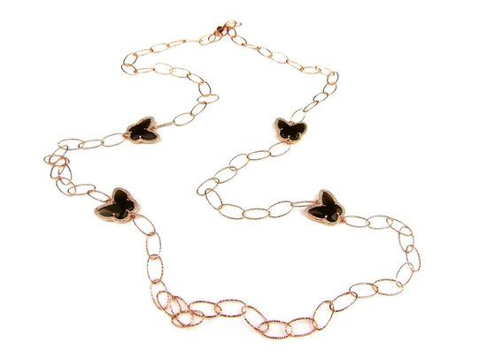 Zilveren Halssnoer Collier Roos Goud Verguld Butterfly Bruine Stenen 90cm