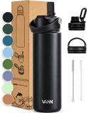 VANN® Bouteille d'eau en acier inoxydable à paroi triple 650 ML avec paille pour adultes – Satin Noir