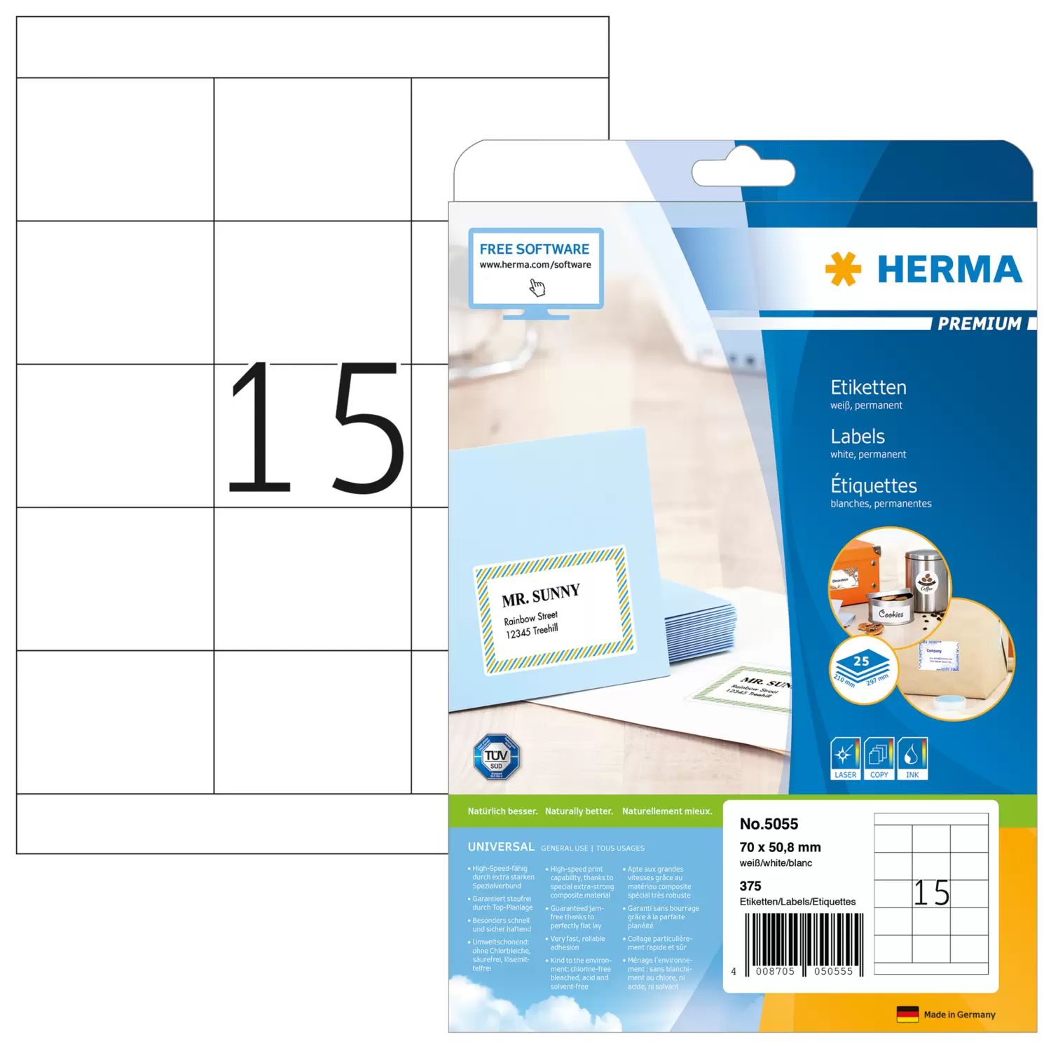 HERMA 5055 - A4 Zelfklevende printerlabels - Wit - 70 x 50.8 mm - 375 stuks