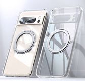 Merkloos Hoesje Geschikt voor Google Pixel 8a - Compatibel met MagSafe - Back Cover met Ring Kickstand Standaard - Transparant